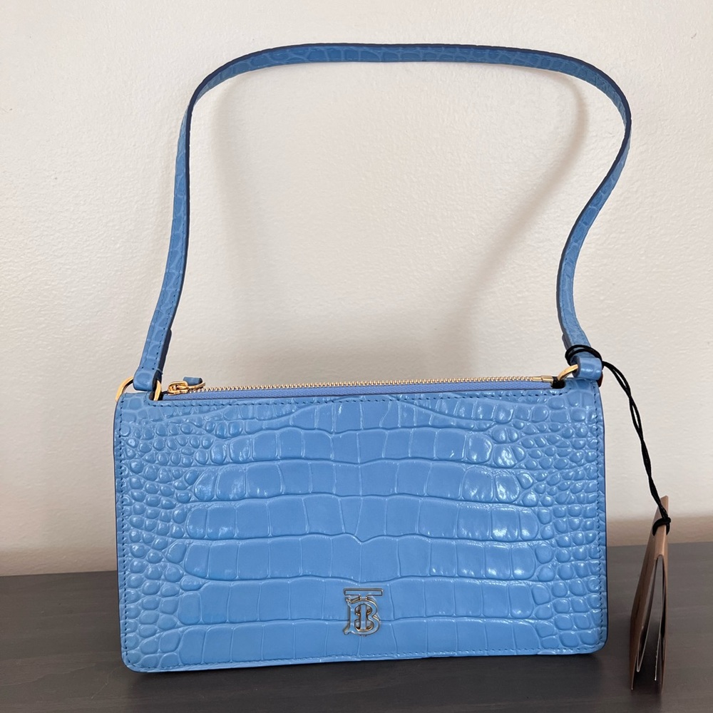 NWT Burberry TB Logo Croc Embossed Leather Pouch Shoulder Bag In Cornflower Blue